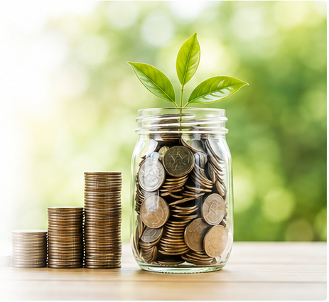 Coins and a growing plant in a savings jar